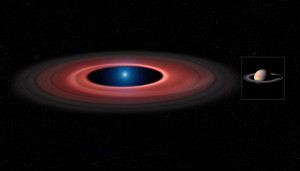Rappresentazione artistica di confronto tra il materiale intorno a SDSS J1228+1040 e Saturno