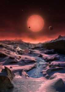 Rappresentazione artistica della nana ultrafredda TRAPPIST-1 vista dalla superficie di uno dei suoi pianeti