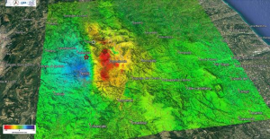 Mappa di deformazione co-sismica (nella linea di vista del radar), ottenuta con la tecnica dell'interferometria radar differenziale, a partire dai dati radar ALOS 2 acquisiti il 24/08/2016 ed il 02/11/2016, da orbite ascendenti